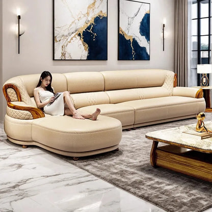 New Chinese style, leather, sofa, corner, modern, simple, solid wood, light luxury, living room