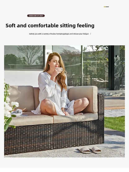 Rattan Garden Furniture Set, Outdoor Corner Sofa Couch, Handwoven Rattan Patio Conversation Set, Cushions and Glass Table
