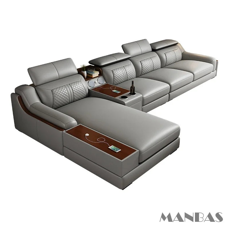 Modern Italian Genuine Leather Sofa for Living Room with Cup Holder, USB, Adjustable Headrests & Bluetooth Speaker - Linlamlim