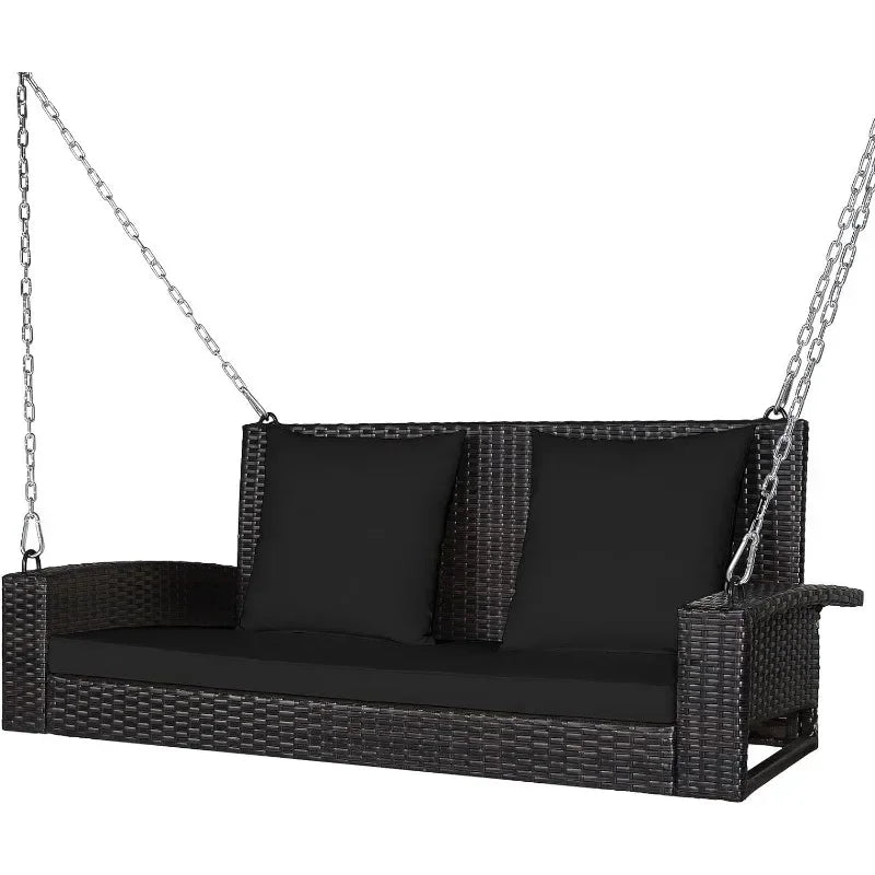l Hanging Porch Swing, 2-Person Outdoor Wicker Swing Chair Bench With Cushions, Steel Chains For Garden, Backyard, Deck L