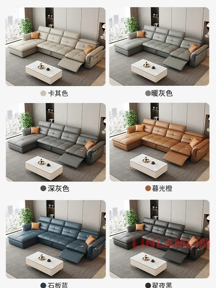 Modern Electric Recliner Sofa Bed with Adjustable Backrest, L-Shaped Multifunctional Italian Genuine Leather Sectional Couch