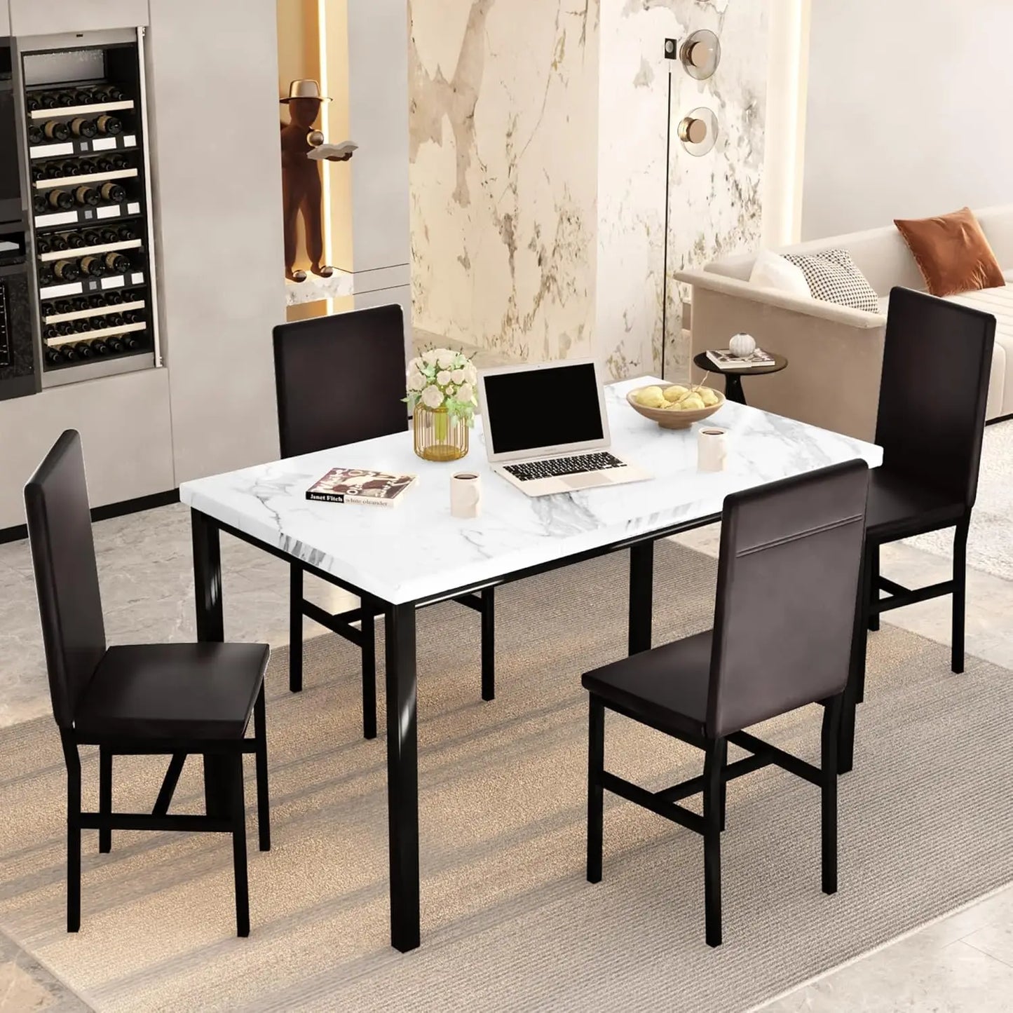 [Discounted Price!]Dining Table Set for 4, Modern Kitchen & Dining Room Sets Faux Marble Table with 4 Leather Chairs for Small S