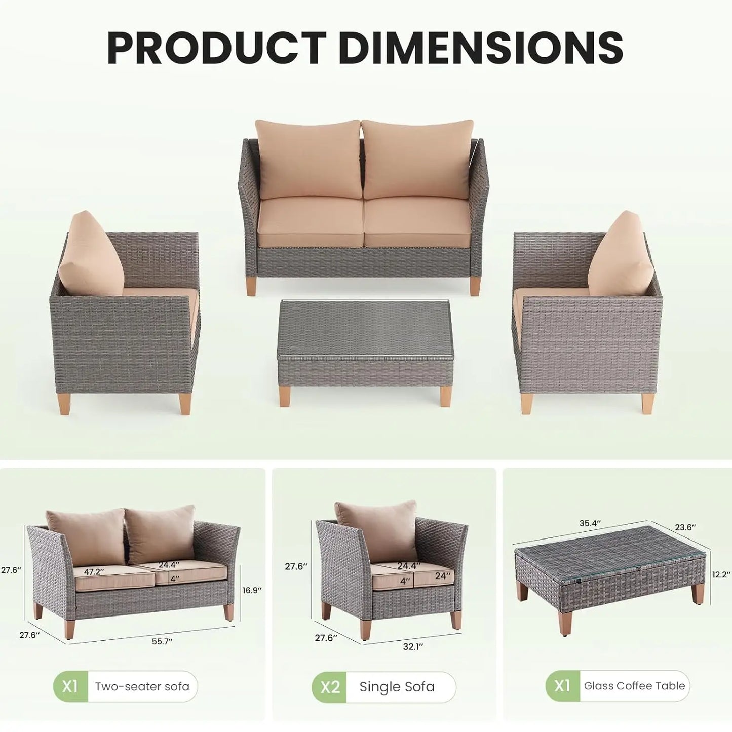 5-Piece Patio Furniture Set, Thickened Rattan Sectional Outdoor Sofa with Glass Top Table, Reclined Backrest and, Customized