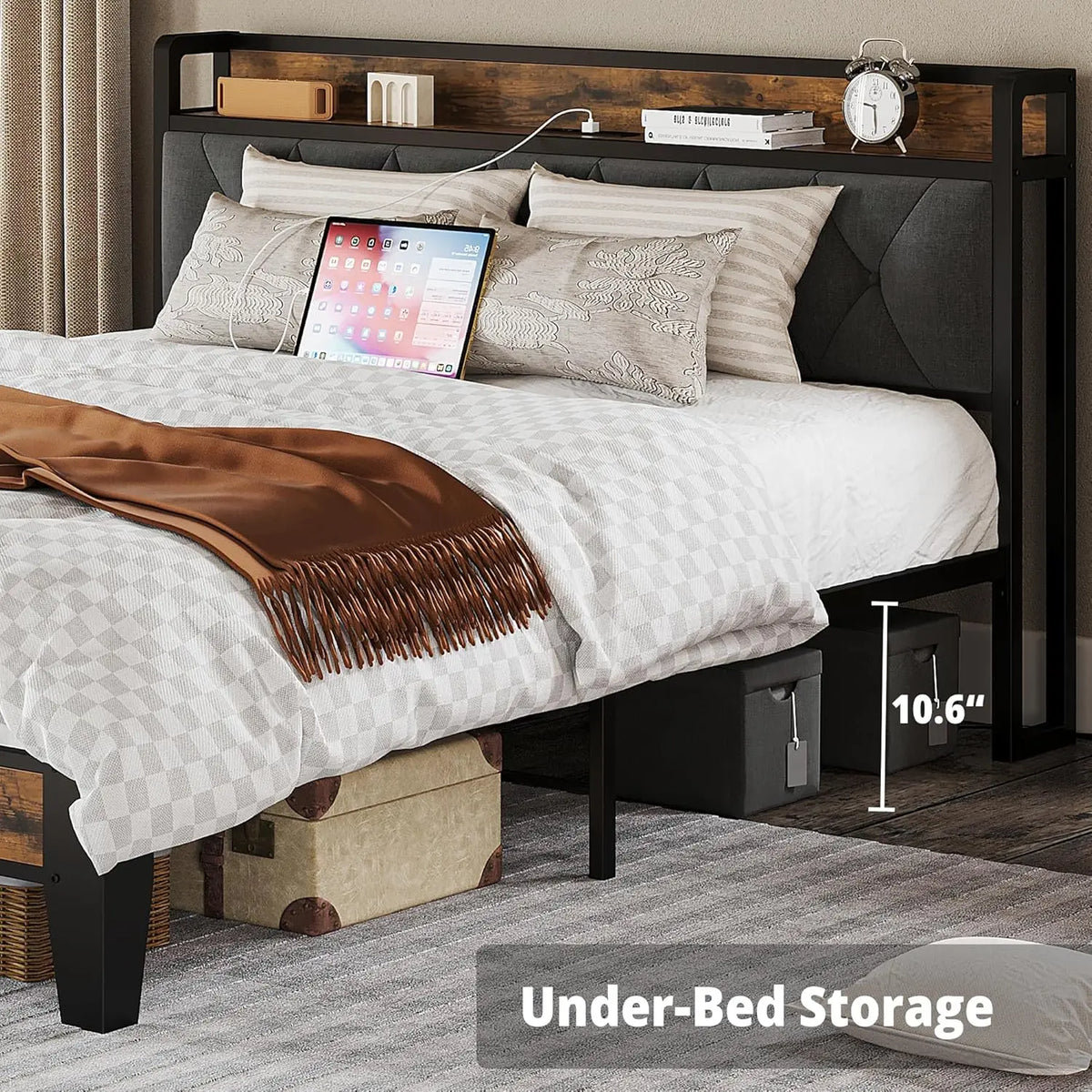 ANCTOR Twin/TwinXL/Full/Queen/King/CaliforniaKing Bed Frames, Storage Headboard with Outlets, No Noise, No Box Springs Needed