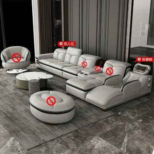 Smart Leather Sofa Massage for Left and Right Noblewomen, Cowhide Solid Wood Living Room Corner Small Unit