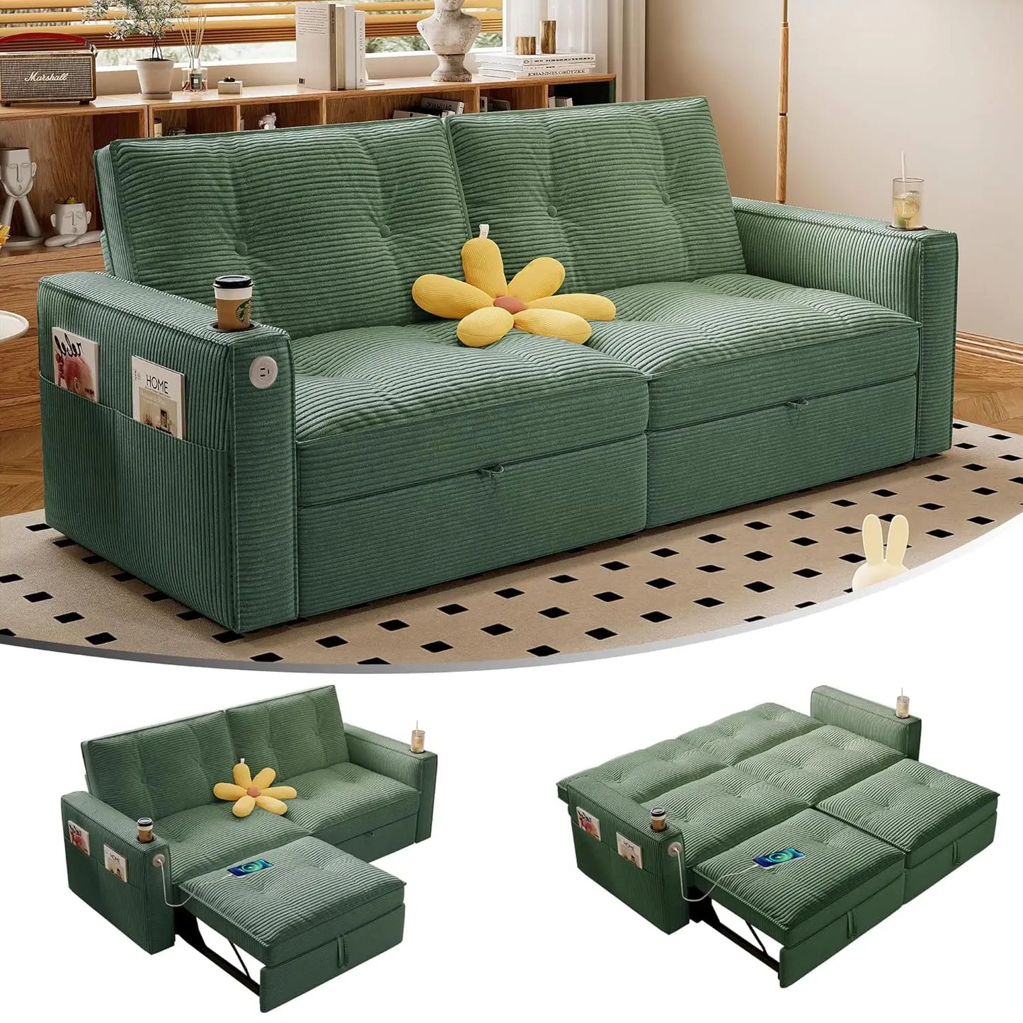 Queen Size Sofa Bed Loveseat 73'' Convertible 2 Seater with Pull out Bed Pockets And USB Ports Modern Design Customizable