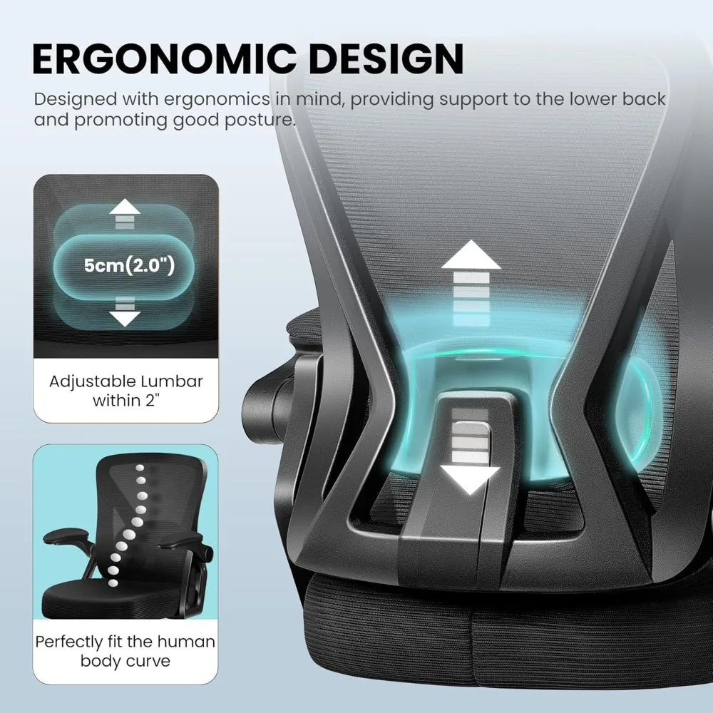 Office Chair, Ergonomic Home Computer Desk Chairs, Comfy Breathable Mesh Chair with Adjustable Lumbar Support Flip-up Armrests