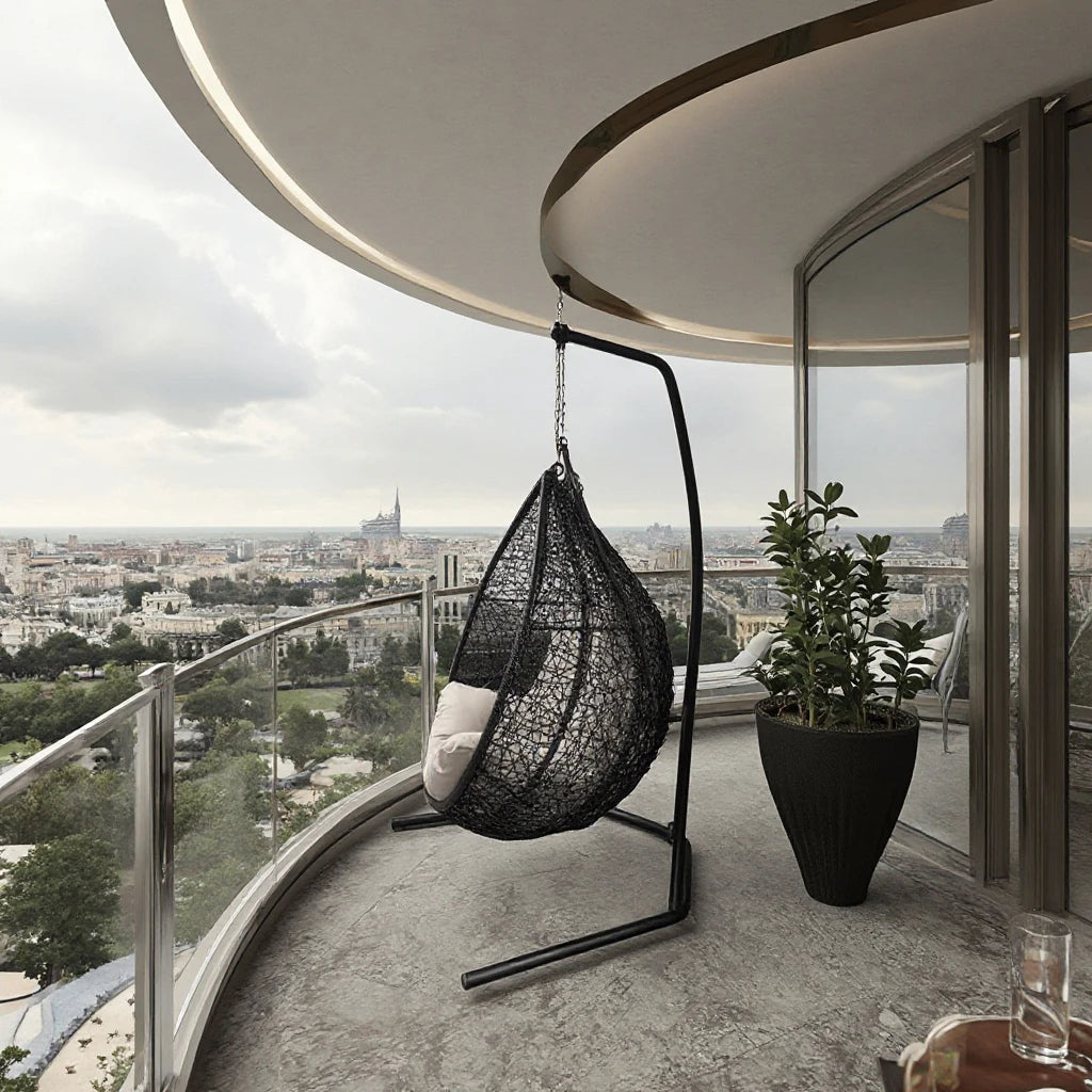 Modern Outdoor Garden Patio Courtyard Aluminium Metal Hanging Egg Swing With Stand Rattan Egg Swing Chair