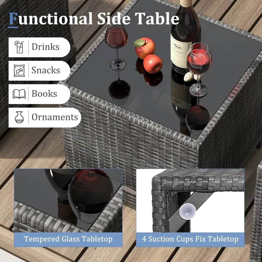 3 Piece Outdoor Patio Furniture Set PE Rattan Conversation Chairs with Washable Cushions Tempered Glass Table Top for Garden