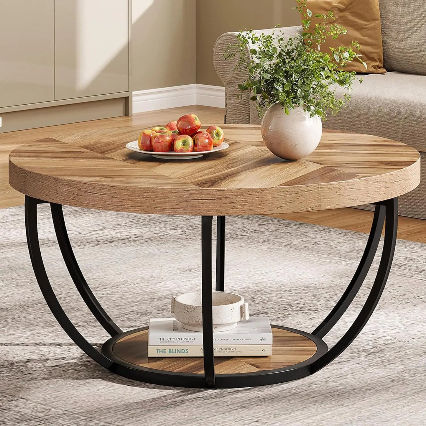 32" Circle Marble Coffee Tables, 2-Tier Golden Metal Legs Accent Center Table with Open Storage Modern Design Home Furniture