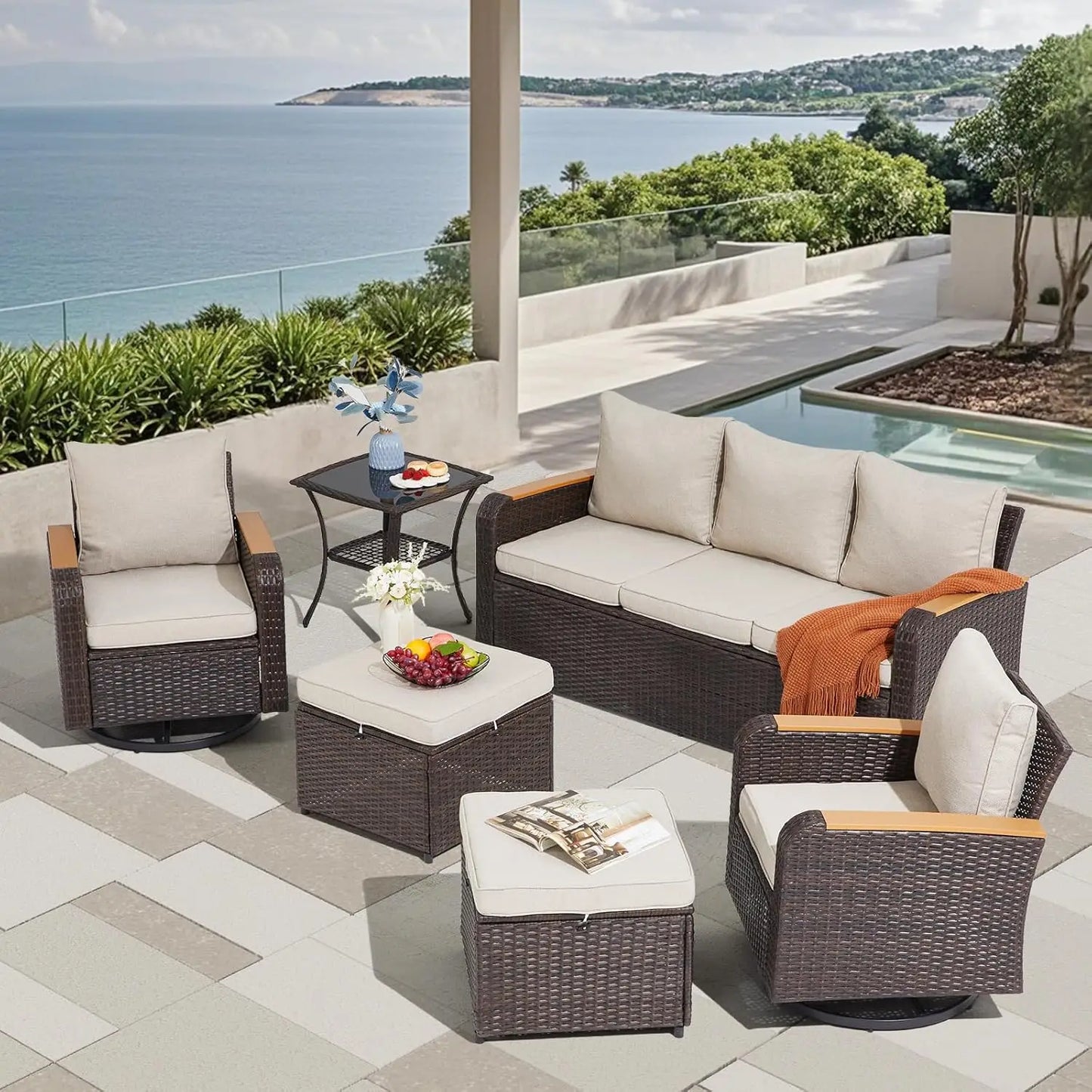 6-Piece Wicker Patio Furniture Set, Outdoor Conversation Set with PE Rattan Sectional Sofa & Swivel Chairs – Ideal for Indoor
