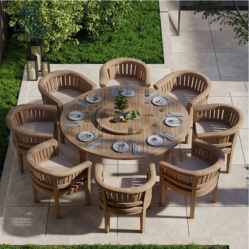 Modern Patio Furniture Set Solid Teak Wood Round Outdoor Table Set 8 Seats Garden Table Sets