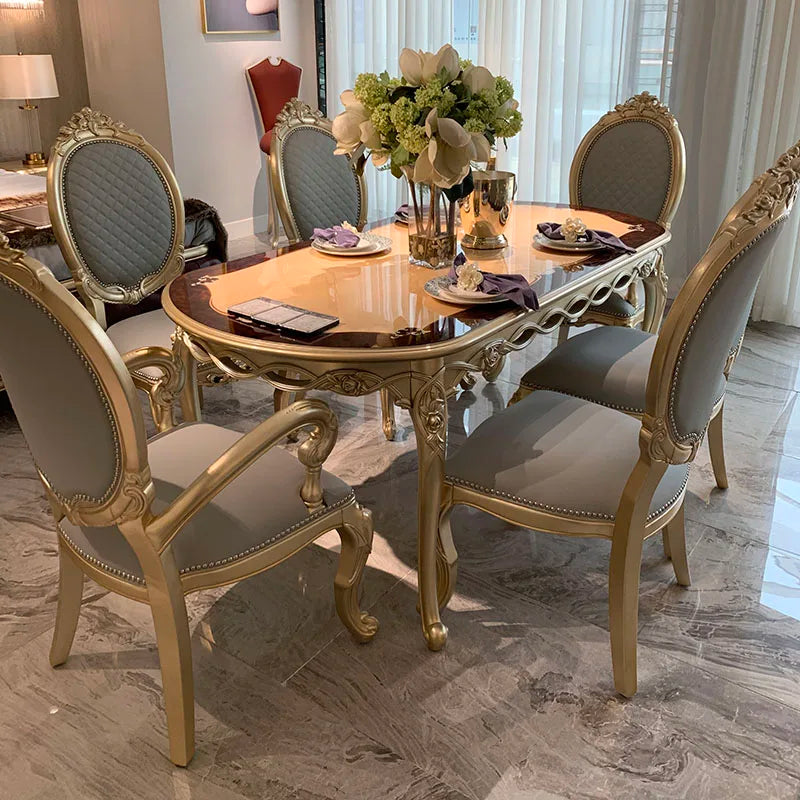 European solid wood oval rectangular dining table and chairs combination luxury restaurant French 6 people gold foil