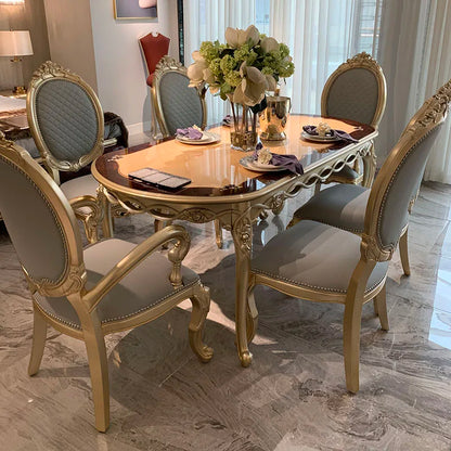 European solid wood oval rectangular dining table and chairs combination luxury restaurant French 6 people gold foil