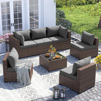Furniture Set, 7 Piece Sectional Sofas with Wicker Coffee Table, Conversation for Garden, Backyard, Dark Grey, Customized