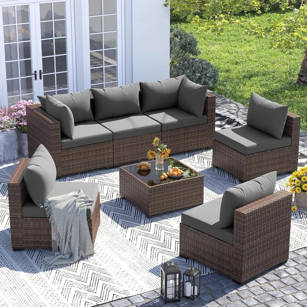 Furniture Set, 7 Piece Sectional Sofas with Wicker Coffee Table, Conversation for Garden, Backyard, Dark Grey, Customized