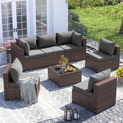 Furniture Set, 7 Piece Sectional Sofas with Wicker Coffee Table, Conversation for Garden, Backyard, Dark Grey, Customized