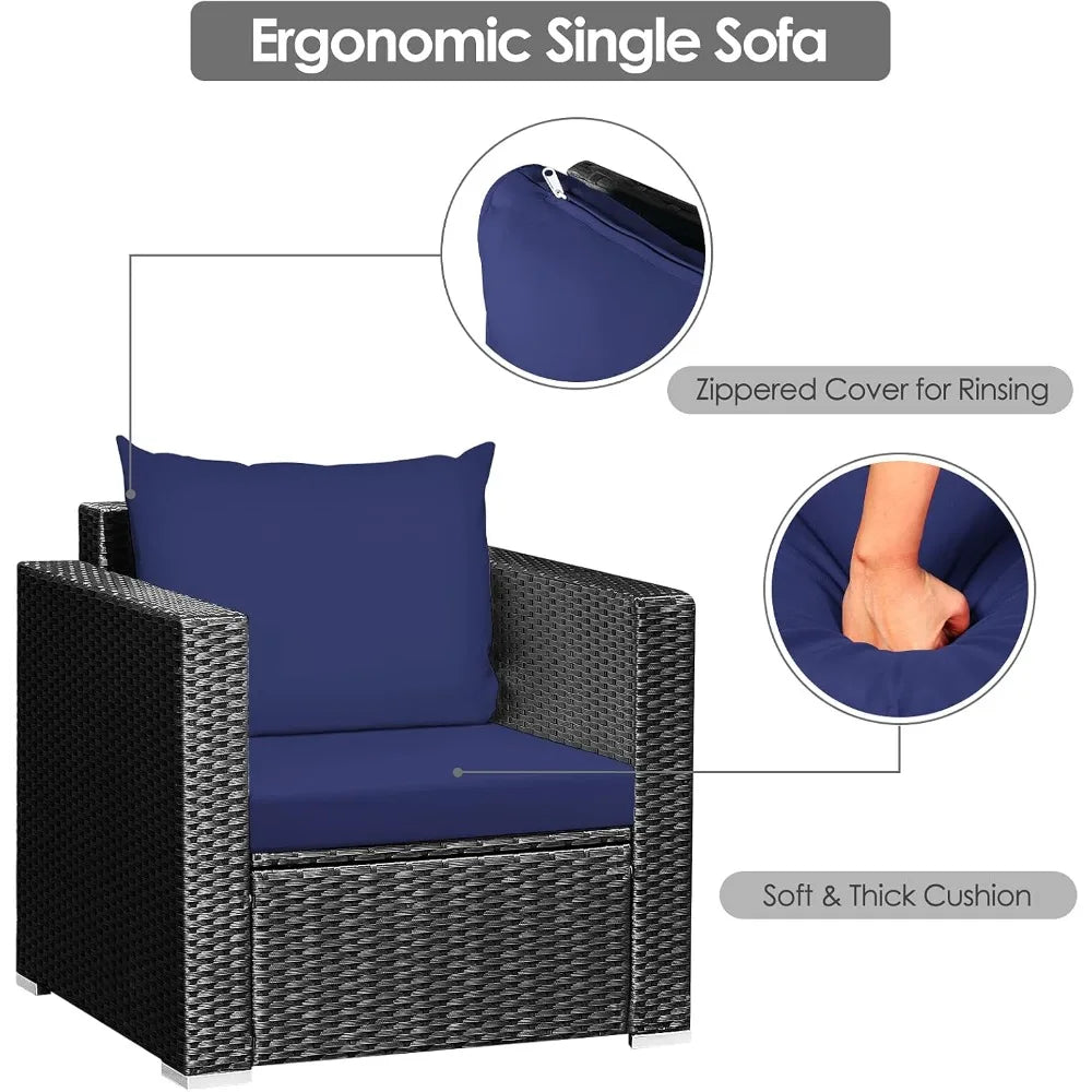 Three Piece Patio Set, Outdoor Rattan Sofa With Cushions, Tempered Glass Tabletop, Wicker Conversation Furniture