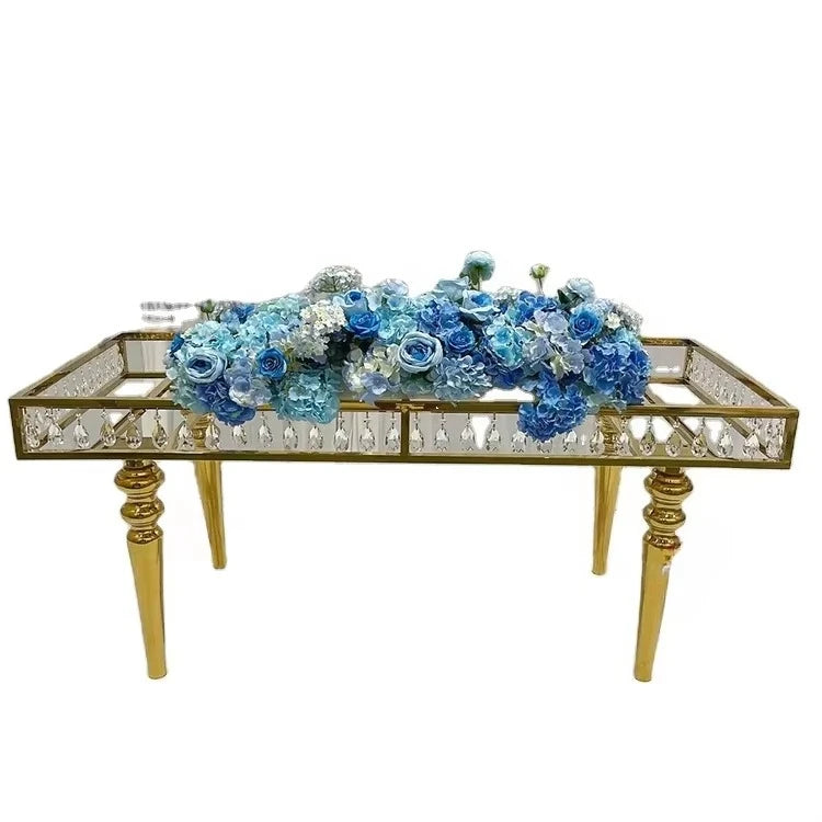 Modern Luxury Rectangle Gold Stainless Steel Banquet Table Crystal Glass Top Wedding Table for Wedding Event