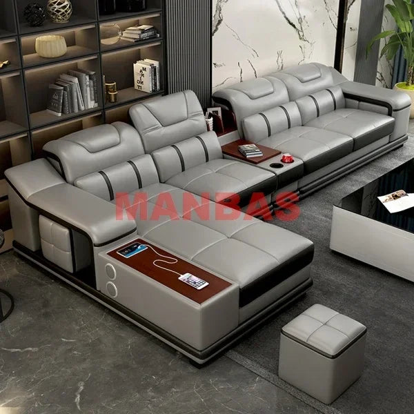 L-Shaped Modern Sectional Sofa Set with Chaise, Genuine Leather Reclining Couch with USB Charging Ports & Cup Holders, Couch Set