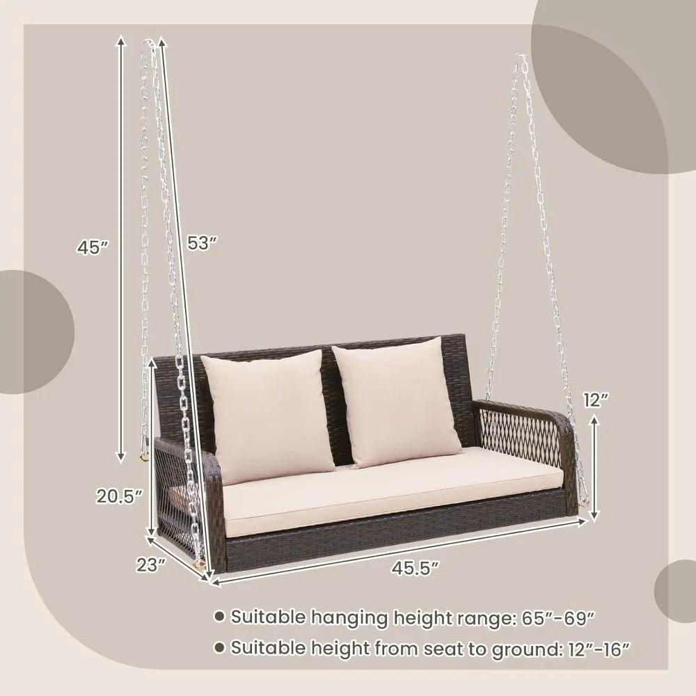 Outdoor Wicker Swing Bench with Cushions and Hanging Chains, 800 lbs Capacity, 2-Seater, Durable Porch Swing for Relaxation