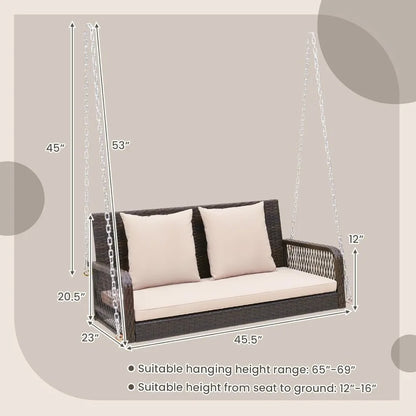 Outdoor Wicker Swing Bench with Cushions and Hanging Chains, 800 lbs Capacity, 2-Seater, Durable Porch Swing for Relaxation