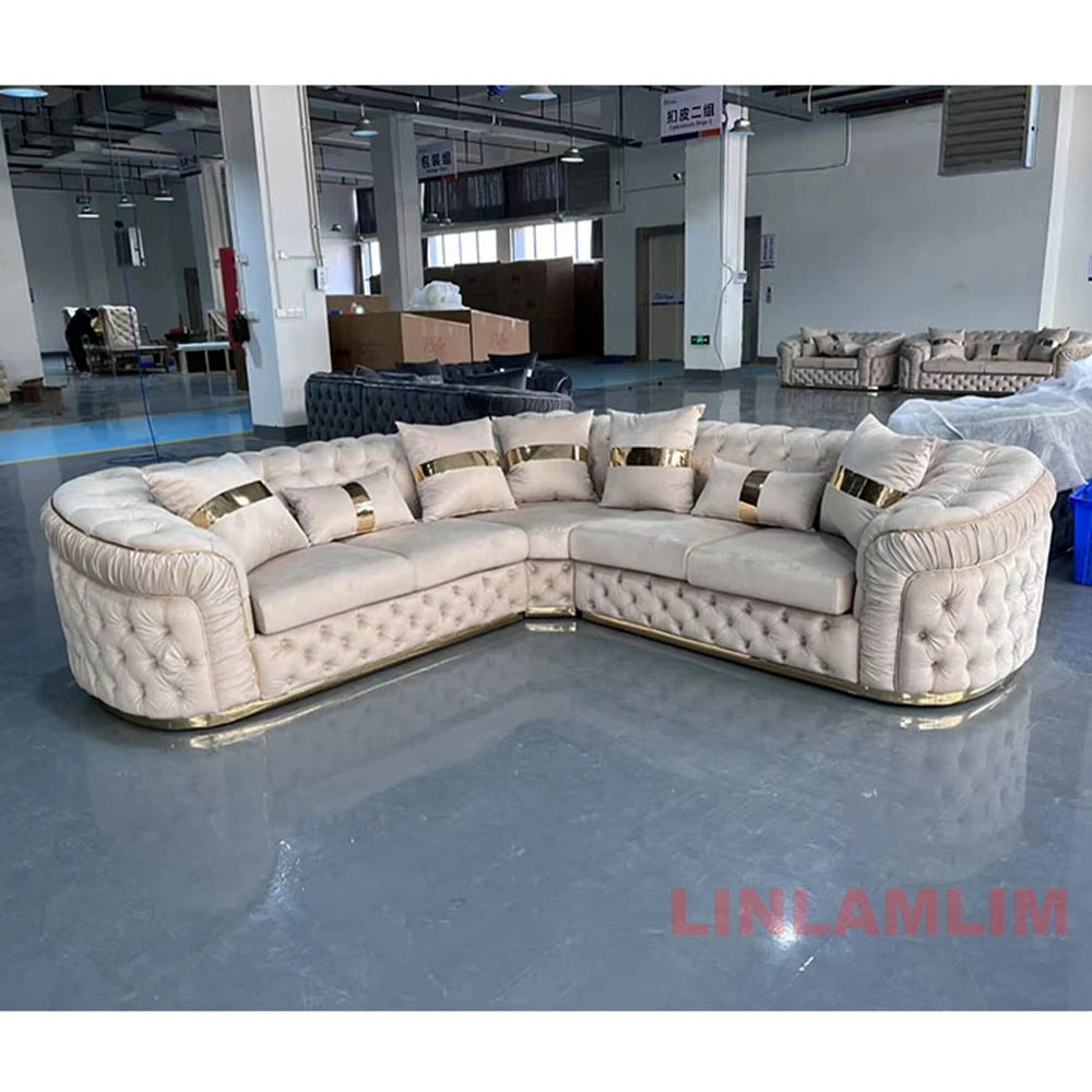 Luxury Chesterfield Sectional Sofa Set with Cloth Buttons and Fabric Modular Couch with Gold Stainless Steel Base, 3-seater Sofa