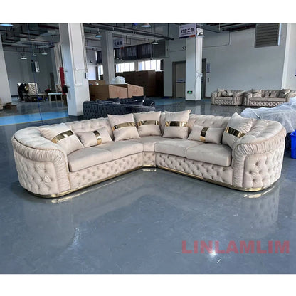 Luxury Chesterfield Sectional Sofa Set with Cloth Buttons and Fabric Modular Couch with Gold Stainless Steel Base, 3-seater Sofa