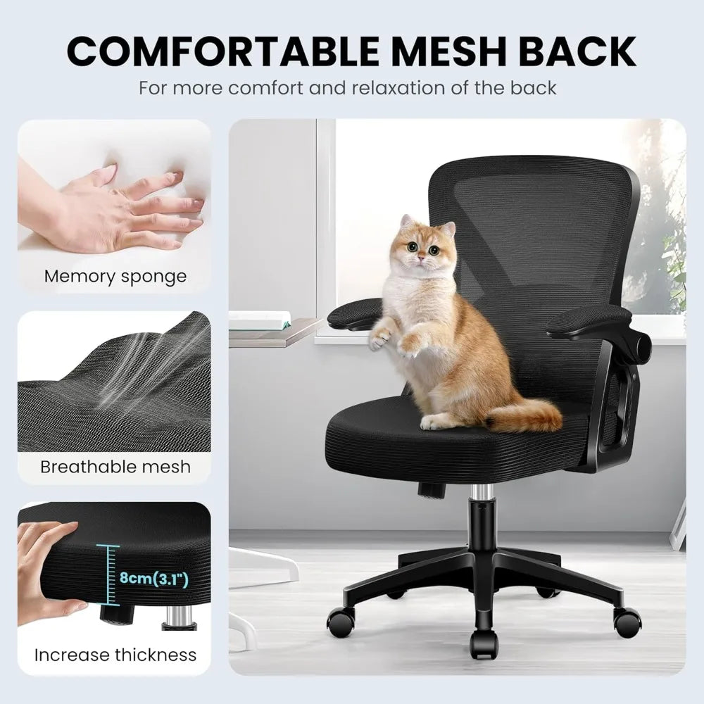Office Chair, Ergonomic Home Computer Desk Chairs, Comfy Breathable Mesh Chair with Adjustable Lumbar Support Flip-up Armrests