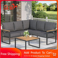 Metal Patio Furniture Set, 6 Pieces Outdoor Sectional Sofa Set with Side Table, L Shape Patio Conversation Set with Faux-Wood