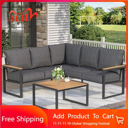 Metal Patio Furniture Set, 6 Pieces Outdoor Sectional Sofa Set with Side Table, L Shape Patio Conversation Set with Faux-Wood