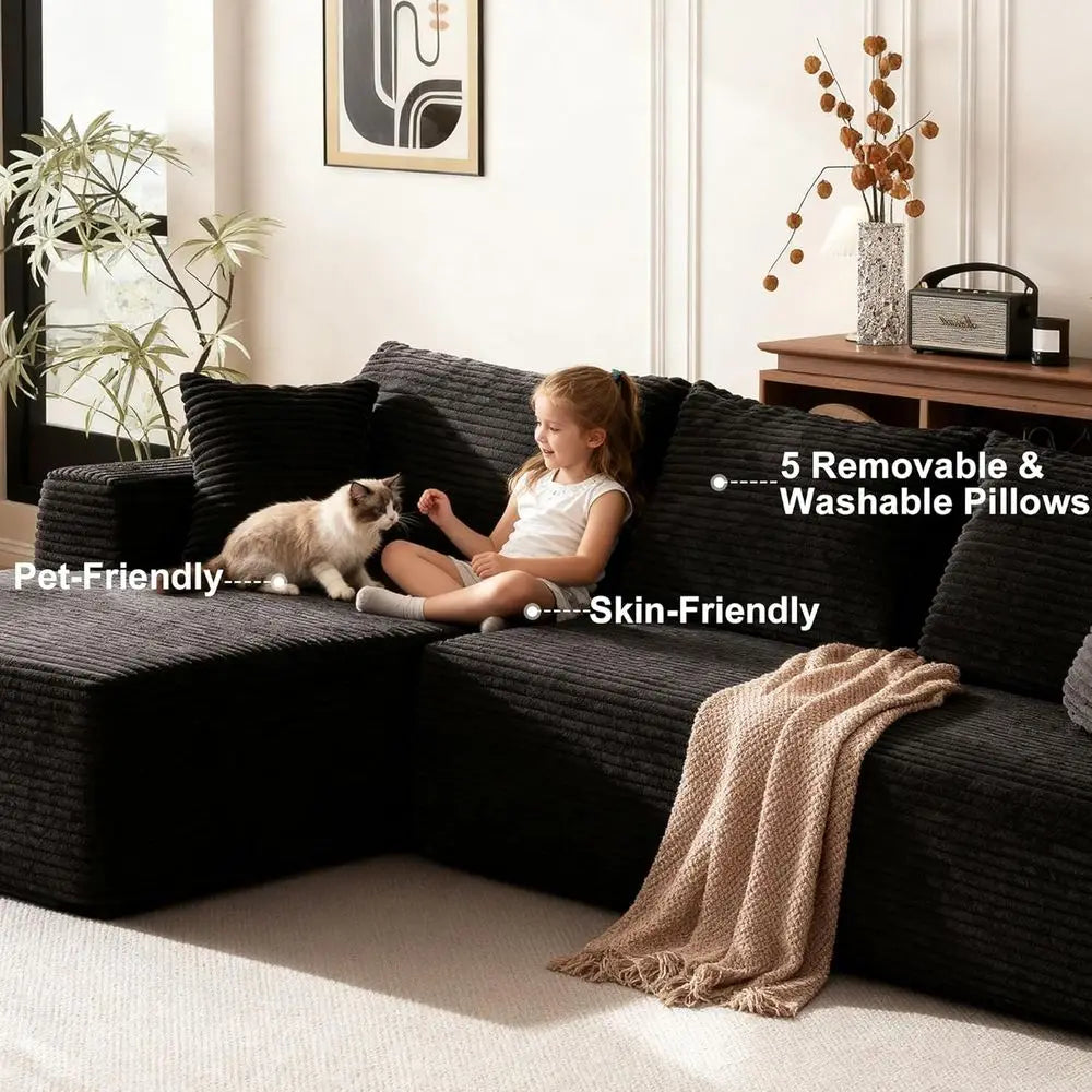 Modern L-Shaped Corduroy Sectional Sofa, Deep Seating, No Assembly, Comfortable Cloud Sectional for Living Room, Black