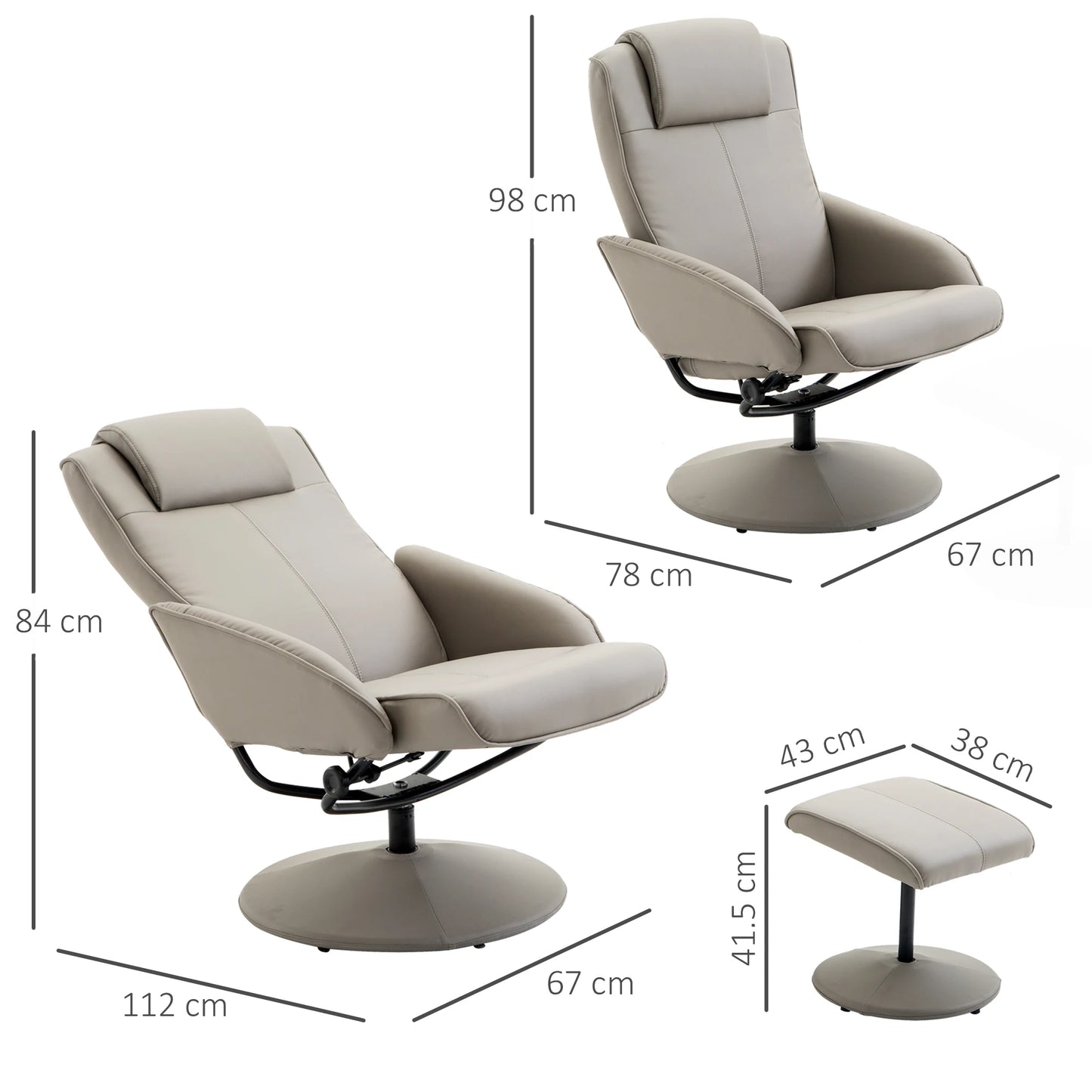 Relaxing armchair TV chair 360° rotatable with footrest in grey, L78 × W67 × H98 cm, comfortable armchair for the living room