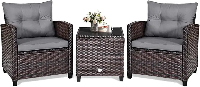 3 Piece Patio Furniture Set, Outdoor Conversation Set with Washable Cushions & Tempered Glass Tabletop, PE Rattan Wicker Bistro