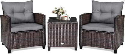 3 Piece Patio Furniture Set, Outdoor Conversation Set with Washable Cushions & Tempered Glass Tabletop, PE Rattan Wicker Bistro