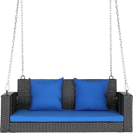 Porch Swing 2 Person Hanging Bench, Wicker Outdoor Swing Bench with Cushion and Pillow for Patio, Yard, Garden Hold Up to 800 l
