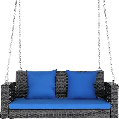 Porch Swing 2 Person Hanging Bench, Wicker Outdoor Swing Bench with Cushion and Pillow for Patio, Yard, Garden Hold Up to 800 l
