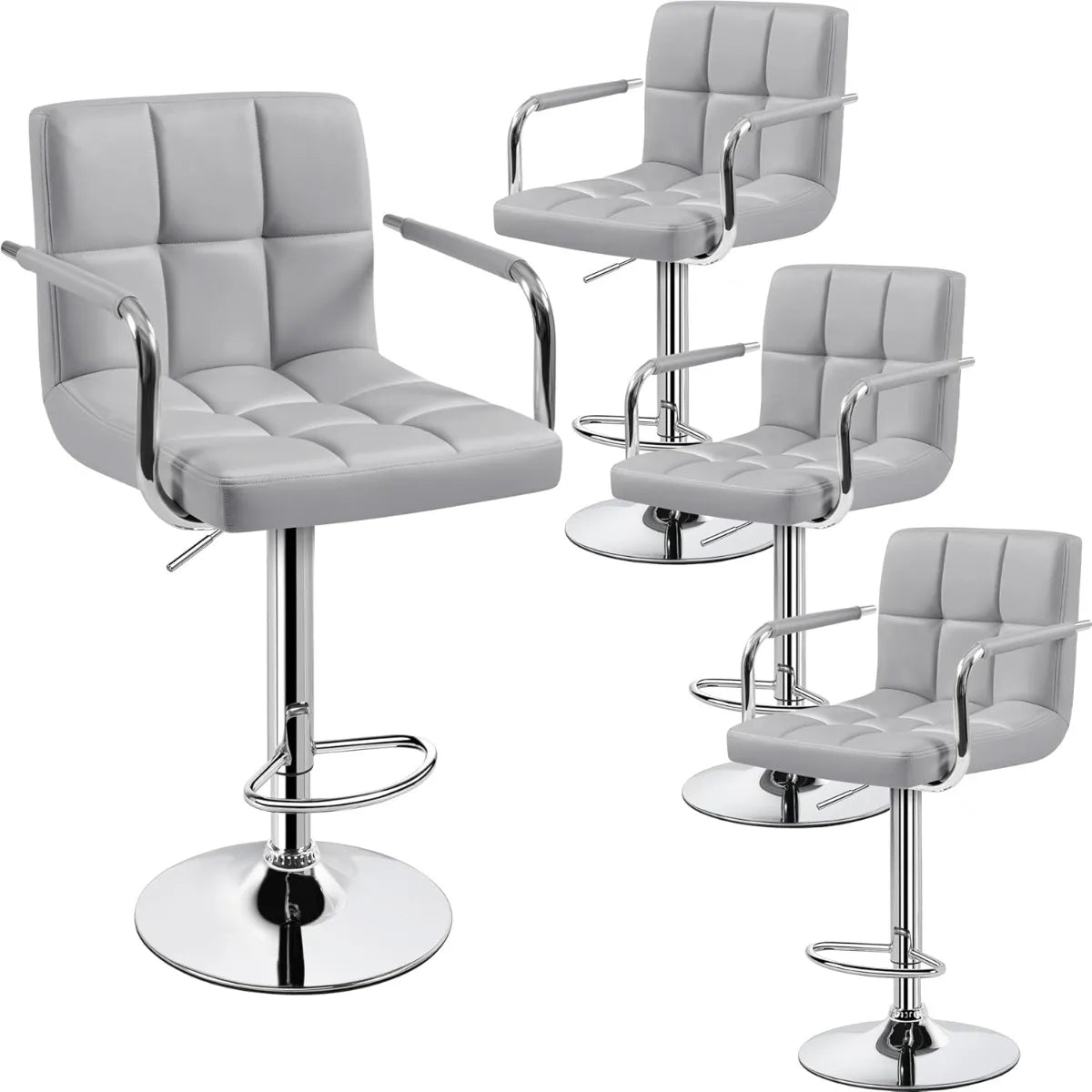 Lot de 2 tabourets de bar pivotants réglables, hauteur de comptoir hydraulique avec accoudoirs et dossier, cuir PU pour cuisine et bar, blanc