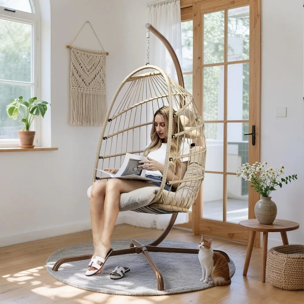 Cozy Hanging Egg Chair with Stand, Indoor Outdoor Wicker Swing with Cushion, 350lbs Capacity for Patio Deck Balcony