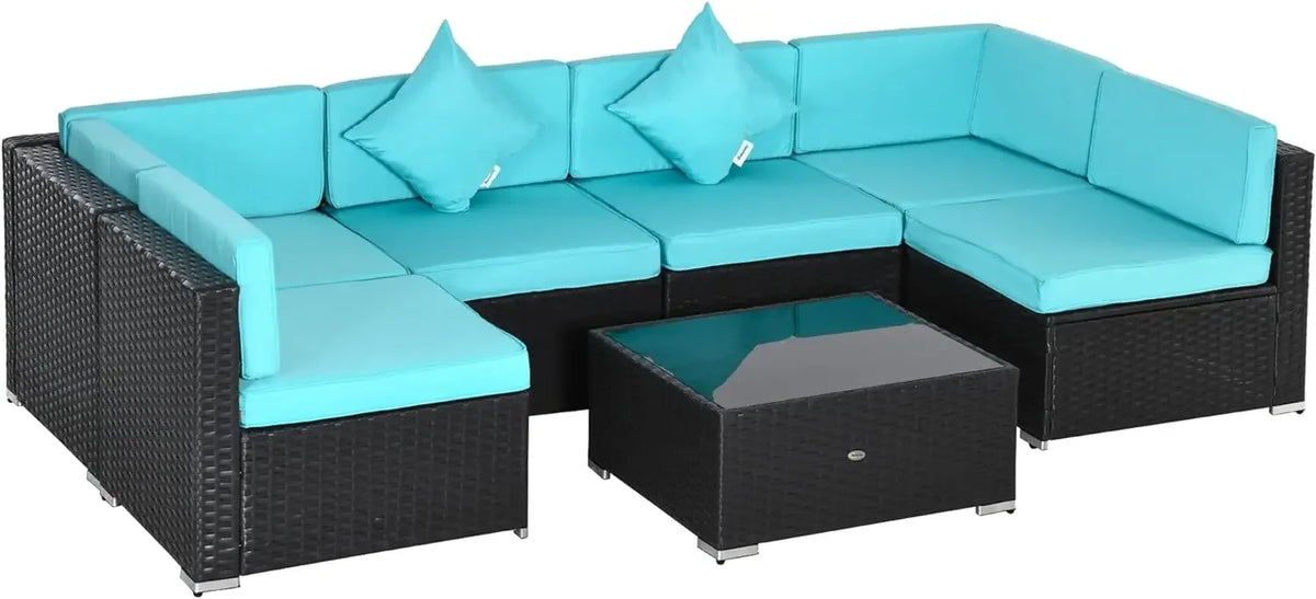 7-Piece Patio Furniture Set, Outdoor Wicker Conversation Set, All Weather PE Rattan Sectional Sofa Set with Glass Table, Pillows