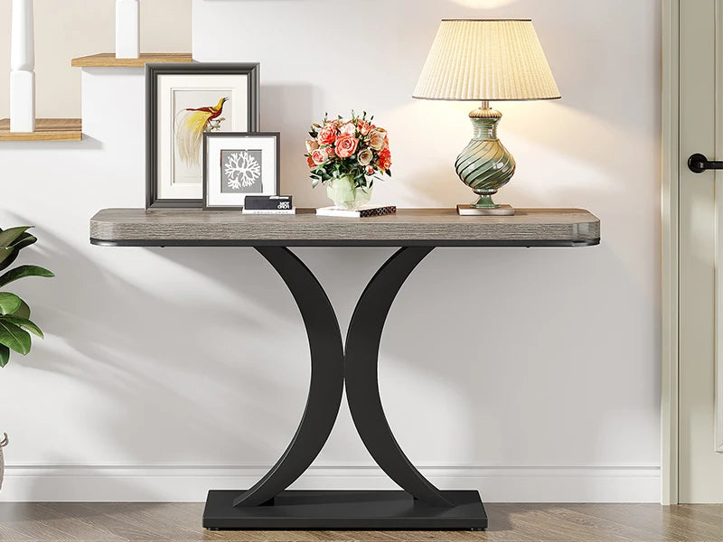 LITTLE TREE Industrial Console Table, 40 inch Narrow Entryway Foyer Table with Geometric Base, Accent Table for Living Room