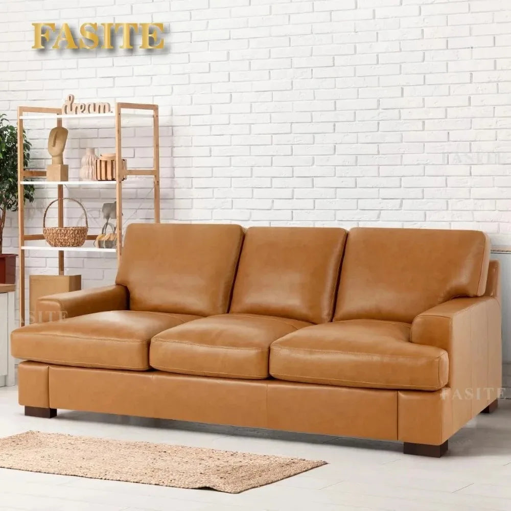 Genuine Leather Sofa - Luxurious Comfort, Goose Feather Cushion Filling, Square Arm Design, Sturdy Block Legs,