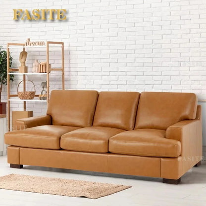 Genuine Leather Sofa - Luxurious Comfort, Goose Feather Cushion Filling, Square Arm Design, Sturdy Block Legs,