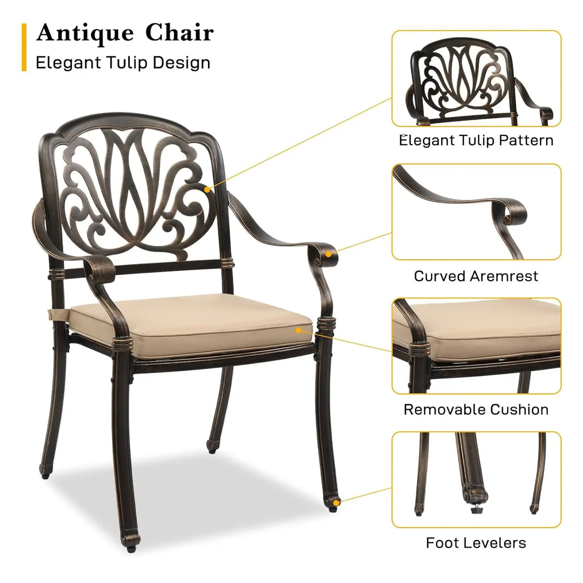 Cast Aluminum Patio Dining Chairs Set of 2 with Cushion Metal Armchairs for Poolside Backyard Balcony, Customized