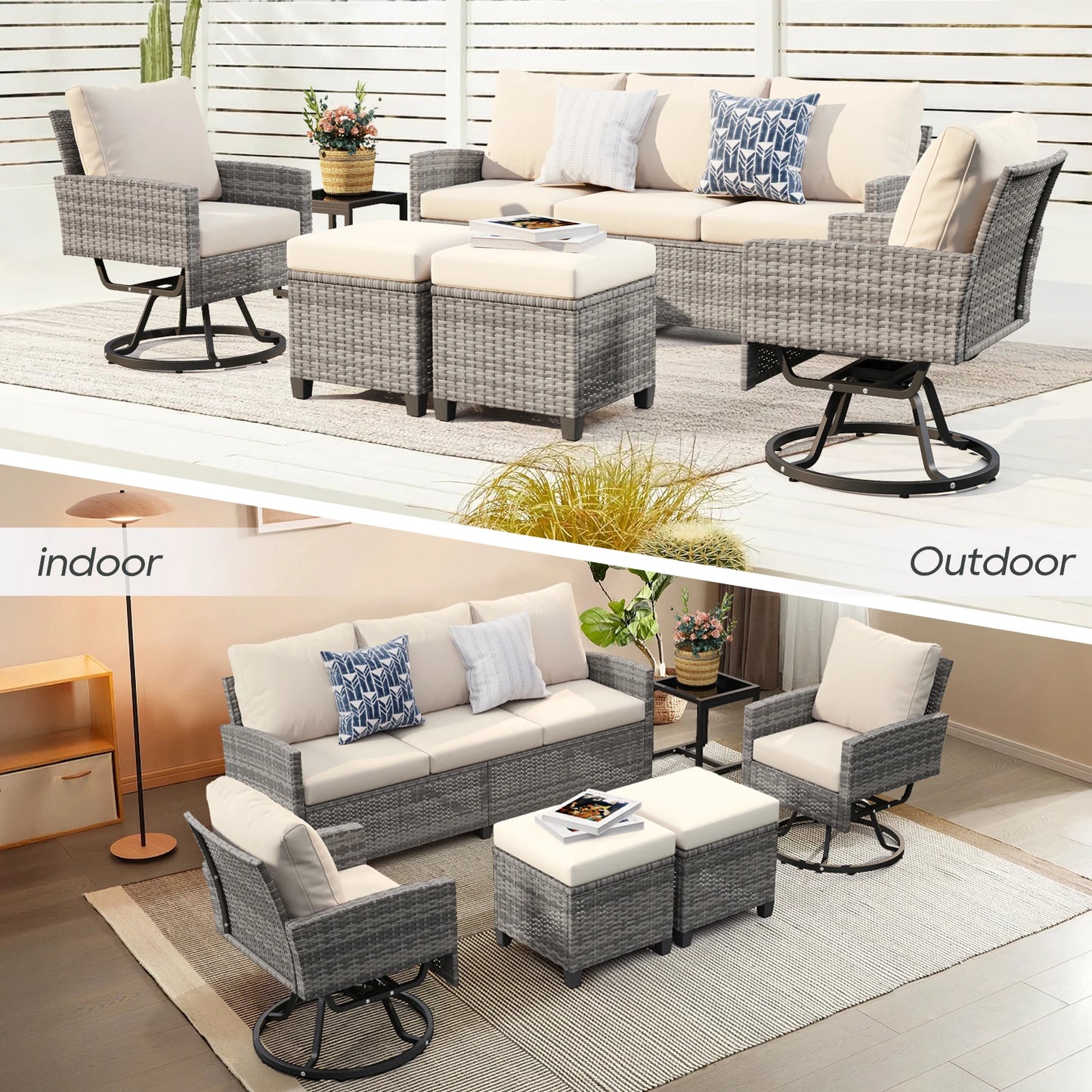6 Pcs Wicker Patio Furniture Set, Outdoor Swivel Chairs, 3-Seat Sofa, Ottoman & Tempered Glass Side Table, All-Weather Conversat