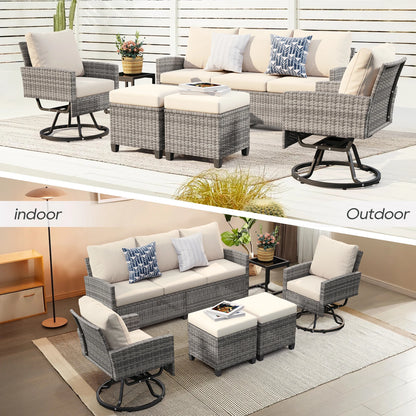 6 Pcs Wicker Patio Furniture Set, Outdoor Swivel Chairs, 3-Seat Sofa, Ottoman & Tempered Glass Side Table, All-Weather Conversat
