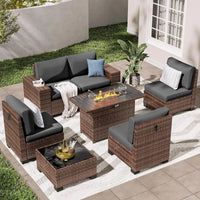 7 PCS Outdoor Sectional Conversation Set with 44" Propane Gas Firepit Table and Widen Wicker Armrests for Patio Furniture