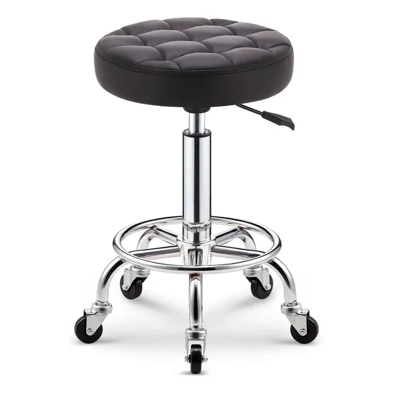 Black PU Leather Rolling Stool Round Swivel Stool with Wheels Height-Adjustable Seat for Salon Tattoo or Office Use