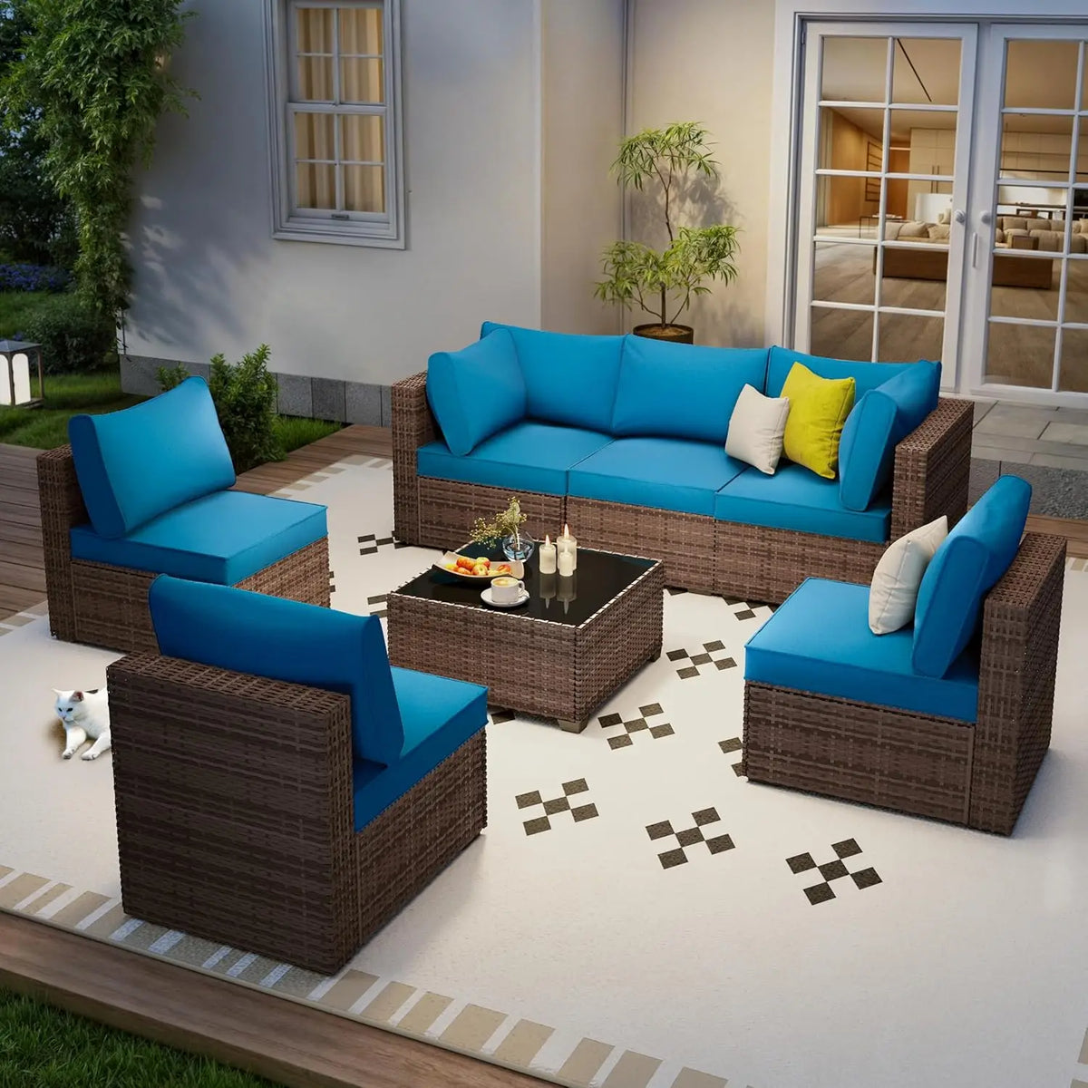 Seven Piece Patio Set, Rattan Wicker Sectional Sofa, Modern Modular Conversation Furniture