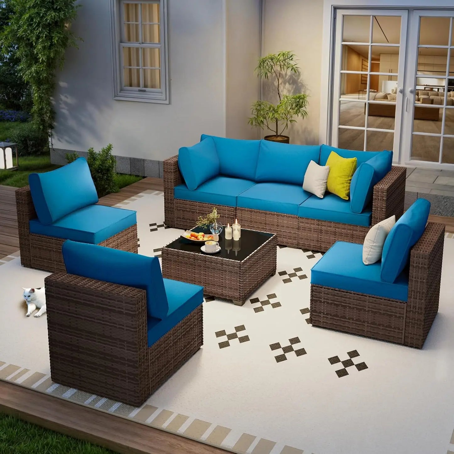 Seven Piece Patio Set, Rattan Wicker Sectional Sofa, Modern Modular Conversation Furniture